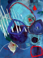 abstract art on paper, strong colours, blue turquoise and red