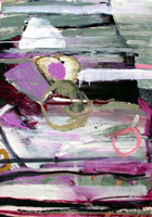 abstract art on paper, many dark pastel layers of greens greys and pink