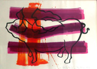 purple and red colours over outline of pig with wings, mixed media on paper abstract art