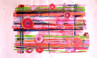 abstract art on paper, green blue and pink grid with pink circles hovering