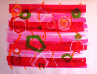 abstract art on paper, bright pink and red stipes with green and red and white circles hovering.
