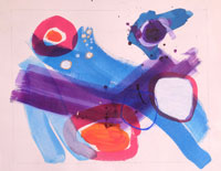abstract art on paper, strong sky blue, with purple and red strokes on white