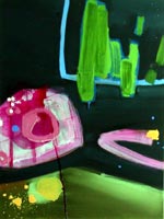 A series of abstract modern art oil paintings based on a drive around London at night, green and pink with sublime abstract shapes.