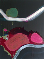 abstract oil painting dark and bright colours blood red bright pink and green circles, inspired by a journey